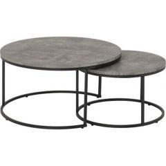 Set of two round nesting coffee tables with grey concrete-effect tops and black metal frames
