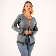 Elegant women’s grey dress cardigan with single top enclosure and shimmering striped cuffs & hem. A chic layering piece for both work and evenings.