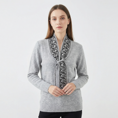 Model Wearing Women's Leopard Print Scarf Jumper Grey