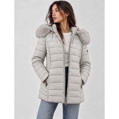 Model wearing the light grey padded jacket with the front zip open.