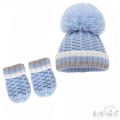 Baby Ribbed Hat & Mitten Set Blue