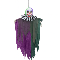 Hanging Halloween creepy clown decoration with striped collar, purple and green tattered robe, and scary face