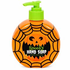 Halloween Spooky Hand Soap pumpkin spice scent in round orange pumpkin-style bottle with green pump dispenser and black spiderweb design
