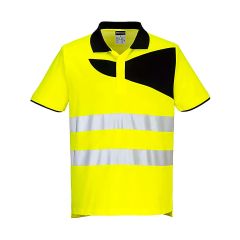 Hi-vis yellow short sleeve polo shirt with black collar and reflective tape, front view