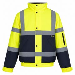 high visibility yellow and navy bomber jacket with reflective strips and hood rear view