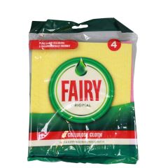 Packaging for 4 Pack Fairy cellulose cloths in green and yellow. Includes text "Plant Based Cellulose" and "Environmentally Friendly,"