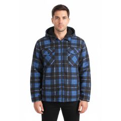 Model wearing the Men's Check Fleece Hooded Jacket Blue
