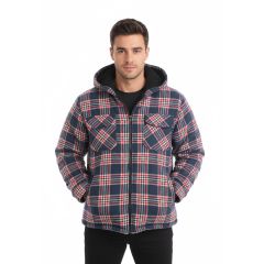 Model wearing the Men's Check Fleece Hooded Jacket Navy & Red