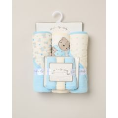 Rock-A-Bye Baby blue hooded towel set with teddy bear embroidery and matching washcloths