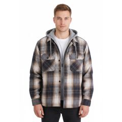 Model wearing the Men's Check Fleece Hooded Jacket Navy