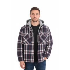 Model wearing the Men's Check Fleece Hooded Jacket Wine