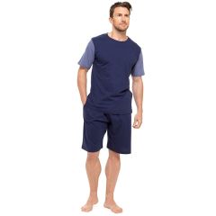 Mens 100% Cotton Plain T-Shirt & Short Pyjama Set Navy - Online Offer Only