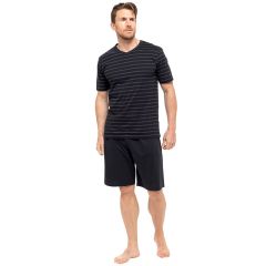 Mens 100% Cotton Striped T-Shirt & Short Pyjama Set - Black