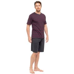 Mens 100% Cotton Striped T-Shirt & Short Pyjama Set - Red