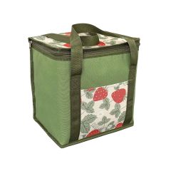 Floral tablecloth with bees, packaged on a cardboard hanger. It features images of plates and utensils, labeled "wipe clean with flannel backing."