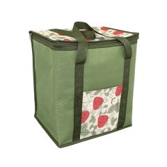 Green insulated cooler bag with strawberry pattern. Features a top zipper, sturdy handles, and a side pocket. Vibrant and playful design.