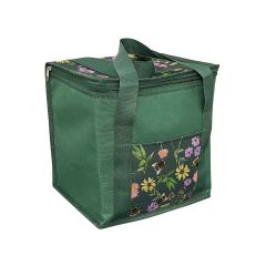 Green insulated bag with floral design featuring colorful flowers and bees. It has sturdy handles and a front pocket, projecting a vibrant, nature-inspired theme.