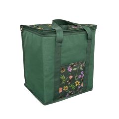 Green insulated 28L capacity cooler bag with meadow bee design. It has a zippered top, carrying handles, and colorful flowers with bees on a front pocket.