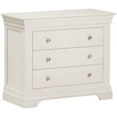 Ivory 3 drawer chest of drawers with silver handles and classic moulded detailing.