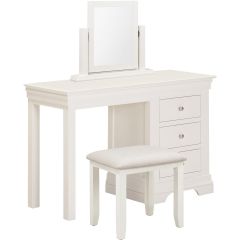 Ivory dressing table with mirror, three drawers and matching upholstered stool.