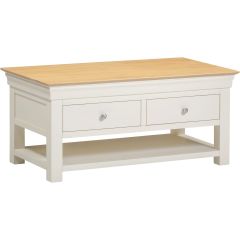 Ivory and oak two drawer coffee table with lower storage shelf. 