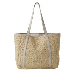 Natural woven straw tote bag with cream faux leather shoulder straps and trim on a white background.