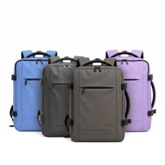 Underseat travel backpack measuring 40 x 30 x 20cm with front zip pocket and padded shoulder straps, available in blue, mustard, dark grey, and lilac.