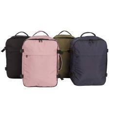 Underseat travel backpack with suitcase-style opening, organised storage compartments, padded shoulder straps, and compression straps, available in black, navy, light berry, and green.