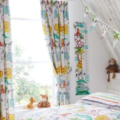 Children's room with pastel blue walls features a window adorned with colorful curtains. Decorated with unicorns, rainbows, and stars, creating a playful, whimsical atmosphere. A pink potted plant sits on the windowsill.