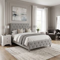 Kensington grey upholstered bed in an elegant neutral bedroom setting