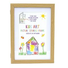 Wooden frame displaying colorful children's artwork with a house, sun, butterflies, and flowers. Text: "Kids Art Picture Storage Frame."