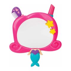Princess-themed toy dressing table mirror with pink frame, pretend lipstick, comb and decorative stars for imaginative role play.