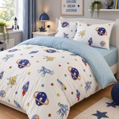 Kids reversible 100% cotton space duvet cover set with colourful rockets, planets and astronauts, showing the blue striped reverse.
