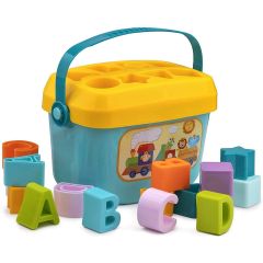 Kids' educational shape sorter bucket with colourful alphabet and shape blocks, featuring a blue storage bucket with a yellow sorting lid and carry handle.