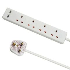 4-Way Extension Lead with 2 Metre Cable and 2 USB Ports