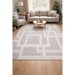 Modern living room with a geometric patterned rug in grey and beige tones. Features a grey sofa, armchair, round coffee table, and indoor plants. Bright, inviting atmosphere.