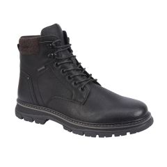 A black leather lace-up boot with a sturdy sole and textured details, featuring a soft, padded ankle collar in a darker shade. The backdrop is black.