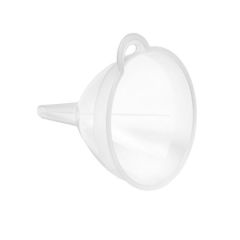 A translucent white plastic funnel with a short spout and a small handle is isolated on a white background, conveying a clean and functional design.