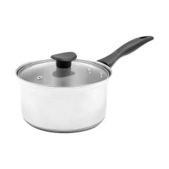 Blackmoor 20cm stainless steel saucepan with tempered glass lid, black Bakelite handle and induction-compatible base.