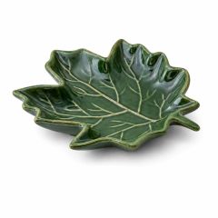 Green ceramic leaf-shaped decorative dish with glossy glazed finish and detailed leaf vein design on a white background.
