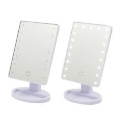 LED makeup mirror comparison showing one mirror turned off and another turned on with bright LED lights, white frame, and adjustable stand.