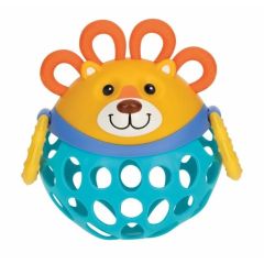 Lion-shaped baby sensory teething ball with soft silicone textured loops, easy-grip lattice ball design and colourful BPA-free construction for babies.