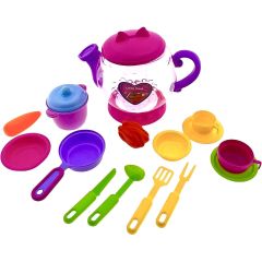 Little Cook colourful toy kitchen playset with teapot, frying pan, saucepan, cups, plates and play utensils.