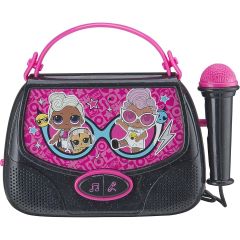 LOL Surprise! sing-along boombox with wired microphone in black and pink featuring built-in music and audio device connection for kids.