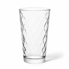 Clear 12.5oz highball drinking glass with decorative cut-glass pattern and weighted base on a white background.
