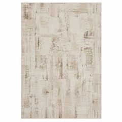Beige abstract rectangular rug with a distressed textured pattern on a white background.