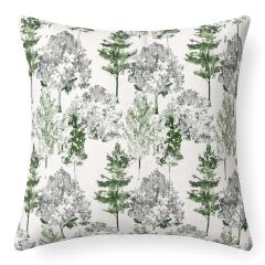 Cushion with a pattern of various green and gray trees on a white background, creating a calming, nature-inspired design that evokes tranquility.