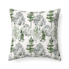 Cushion with a pattern of various green and gray trees on a white background, creating a calming, nature-inspired design that evokes tranquility.