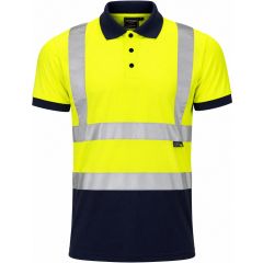 high visibility yellow and navy short sleeve polo shirt with reflective strips back view