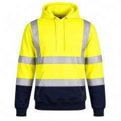 high visibility yellow and navy hooded sweatshirt with reflective strips front view
